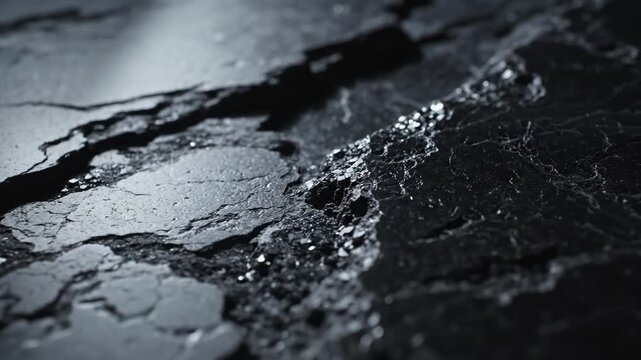 Close-up of a rugged, textured dark stone surface, showcasing cracks and intricate natural patterns
