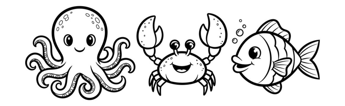 Charming black and white illustration of marine life octopus crab and fish