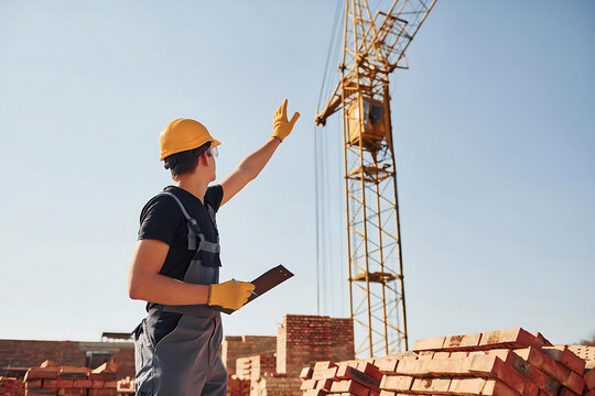 Construction worker signaling crane operator on rooftop under clear sky