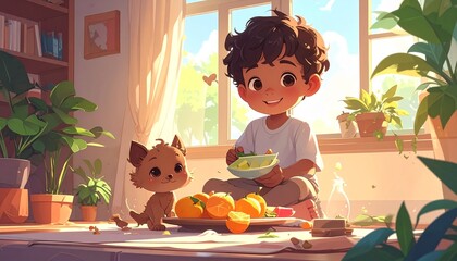 男の子とペットが日差しの入る部屋で食事をするかわいいイラスト