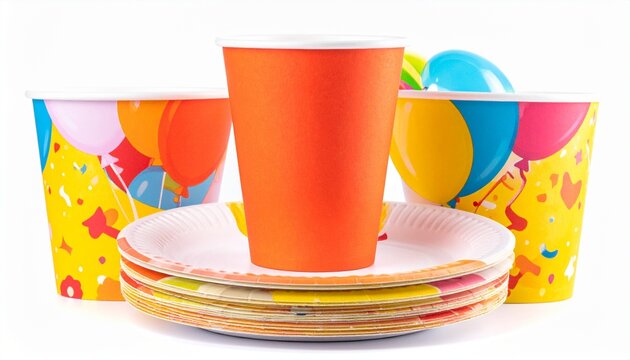 Birthday paper cups and plates party set, isolated on pure white background, clean commercial style