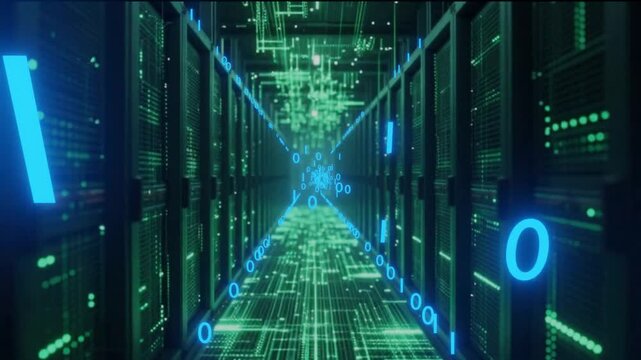 10 seconds data centers corridor information technology binary transfer flying animation screensaver visualiser motion graphics HD video 