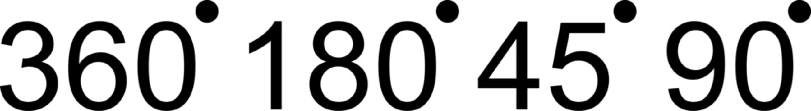 Set of four degree angle symbols 360, 180, 45, and 90 degrees