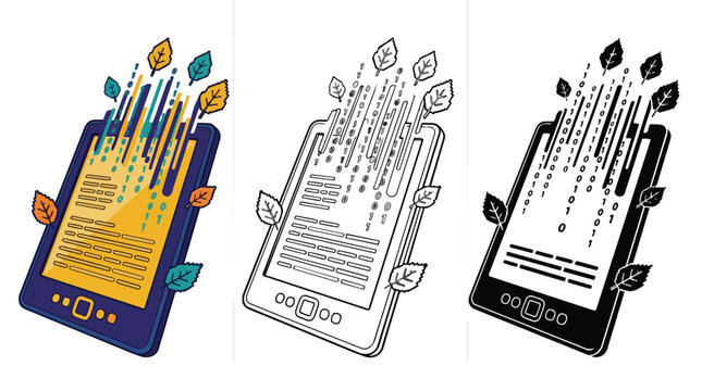 Digital learning and sustainable education concept, e-reader with leaves and data streams, eco-friendly online knowledge transfer, modern technology for green learning, vector illustration set