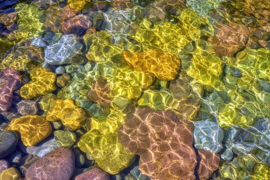 Sunlit Riverbed with Colorful Stones and Rippling Water