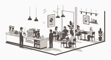 Obraz premium Isometric illustration of a modern coffee shop interior with customers and barista