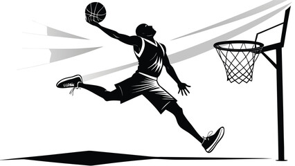 Basketball player dunking with ball in motion during a game against a net in silhouette style © kzaman