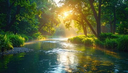 Obraz premium Sunlight streams through a lush green forest, illuminating a peaceful river winding through the serene landscape.