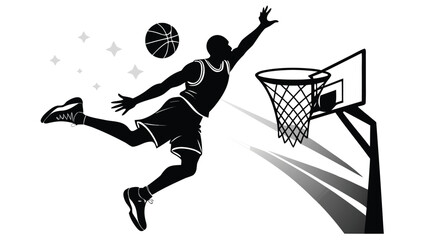 Silhouette athlete dunking basketball in hoop against white background with graphic motion lines © kzaman