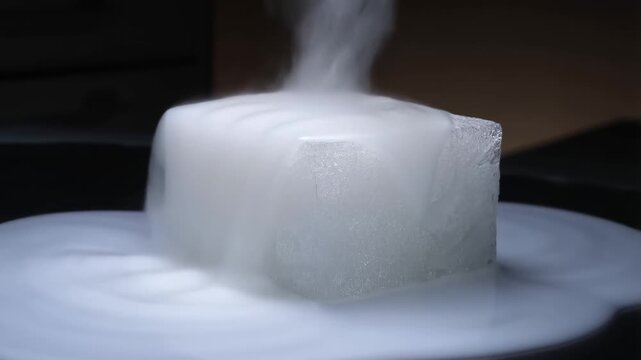 Close-up of a dry ice block sublimating on a dark surface. Thick white vapor flowing and spreading in a science experiment concept