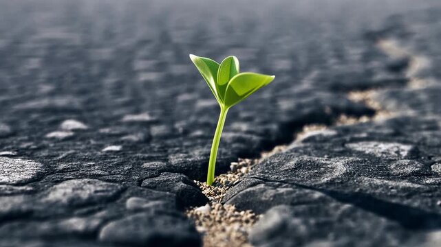 Small green seedling growing through a crack in dry asphalt. Resilient plant sprouting from rough ground. Concept of hope and environmental survival