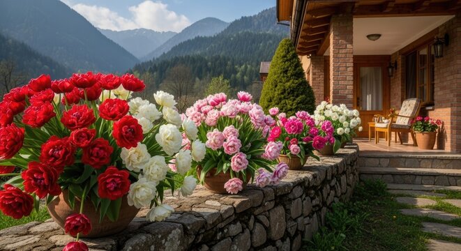 colorful blooming hydrangeas and red flowers decorate a stone garden beside a cozy mountain house with scenic alpine views and peaceful outdoor living