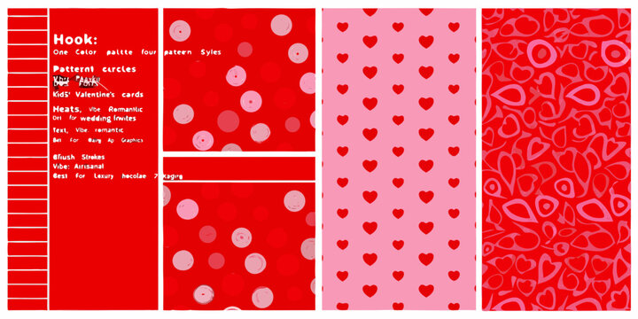 four panel red and pink valentine s day themed backgrounds with heart and circle patterns