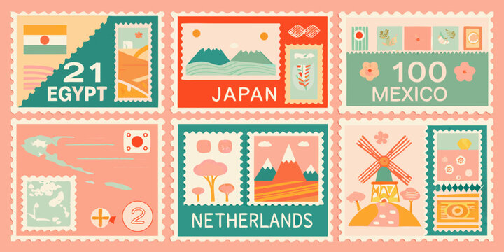 vector illustration of six colorful postage stamps from different countries high quality professional detailed modern