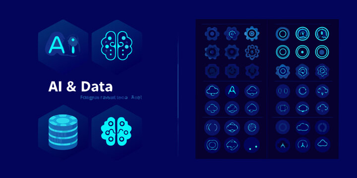 ai and data technology illustration with blue icons and graphics on dark background high quality