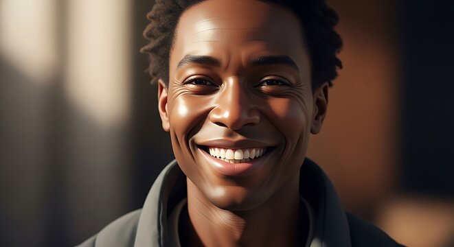 Close up portrait captures beaming smile of young adult with dark skin tone outdoors