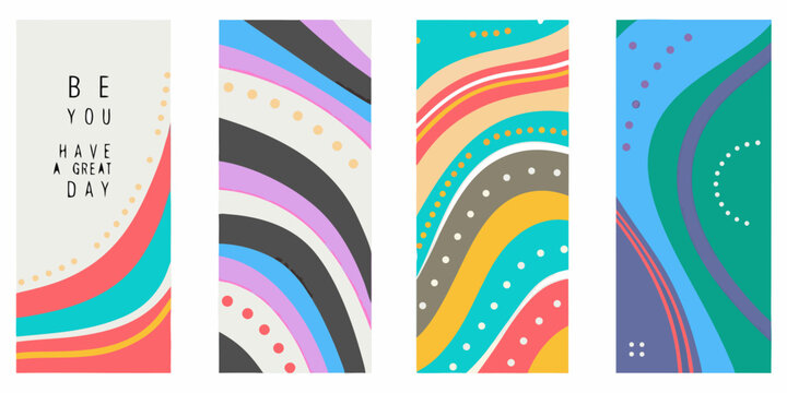 Four colorful abstract wave patterns with text arranged in vertical panels on a white background