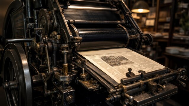A vintage printing press with intricate mechanics, producing a printed page. The scene evokes a sense of nostalgia for traditional printing techniques.