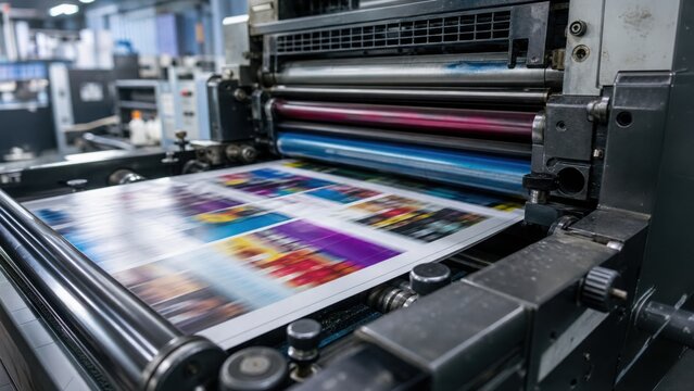 A printing press in action, showcasing colorful printed sheets being processed through rollers.