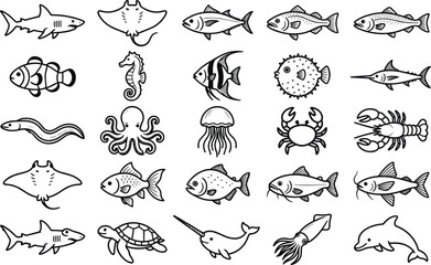 Marine animals and sea life outline icon set featuring fish shark dolphin octopus crab turtle and ocean wildlife symbols © MdNazmul