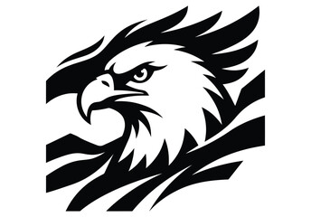Fototapeta premium Black and white eagle head logo with sharp feathers and strong gaze isolated on white background