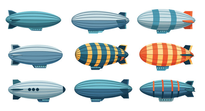 Set of nine different blimps and dirigibles in various colors and designs illustrating historical and modern airship transportation.