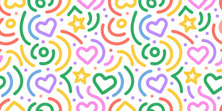Colorful doodle pattern with hearts stars hooks and squiggles on a white background high quality
