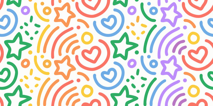Colorful pattern of hearts stars squiggles and hooks on a white background high quality professional