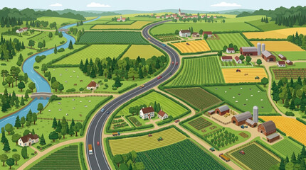 Fototapeta premium Aerial view of a rural landscape with a winding road and farms.