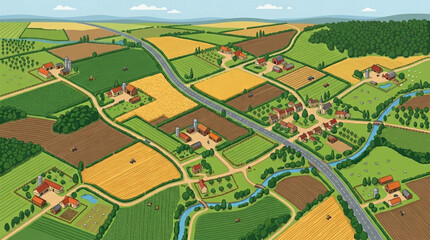 Fototapeta premium Aerial view of a vibrant rural landscape with farms and fields.