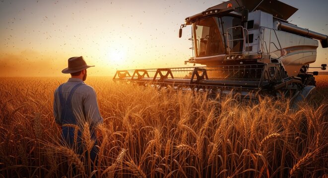 Farmer and combine harvester in wheat field at sunset