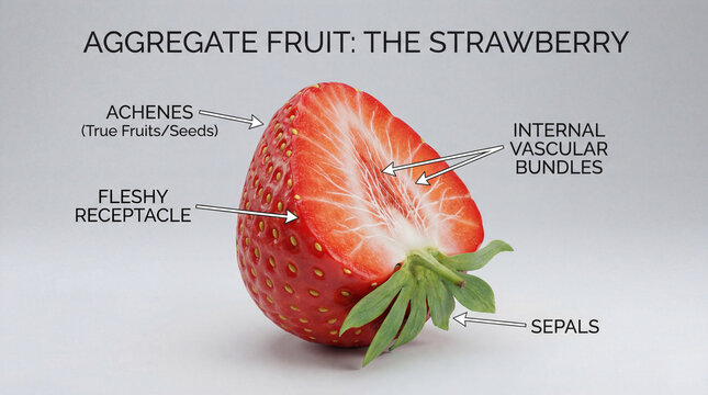 Strawberry anatomy diagram showing achenes fleshy receptacle internal vascular bundles sepals in fruit botany education concept for classroom poster design visual reference botanical study graphic