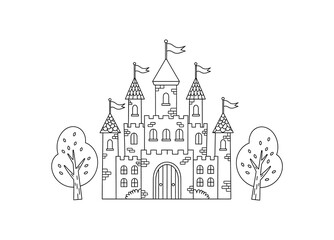 Fototapeta premium Whimsical castle sketch a detailed black and white illustration of a fairytale fortress