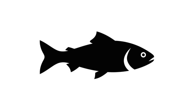 Black silhouette of a fish swimming, isolated on a white background. Minimalist vector illustration of seafood or aquatic animal.