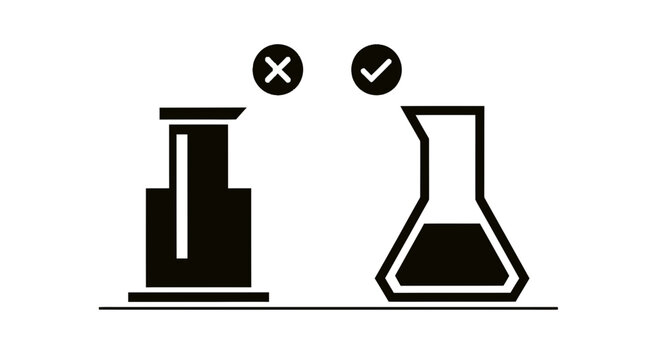 Science Laboratory Glassware Selection Icon: Comparing Erlenmeyer Flask and Cylinder with Check and Cross Marks