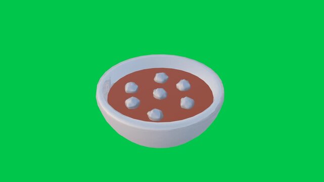3D Animated Rotating Bowl of Meatballs Bakso on Green Screen