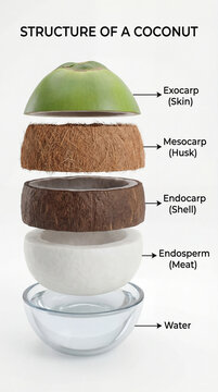 Educational coconut structure infographic showing skin husk shell endosperm meat water layers for tropical agriculture food science anatomy poster realistic cutaway isolated on clean white background