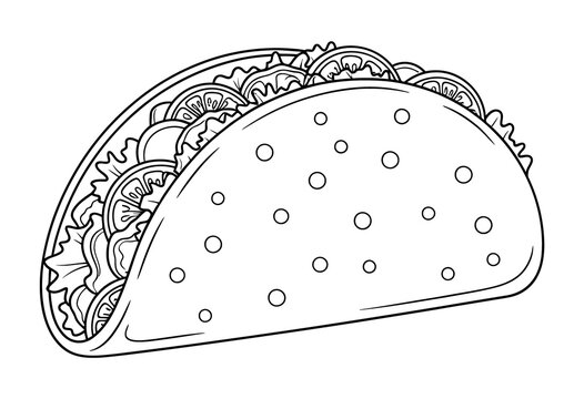 Black and white line art illustration of a classic soft shell taco with lettuce and tomato filling