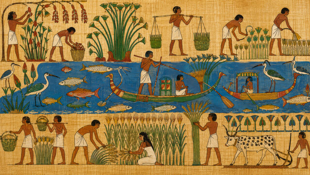 Traditional Egyptian Papyrus Narrative Print, Flat Mineral Pigments on Cyperus Paper for Antiquity Decor
