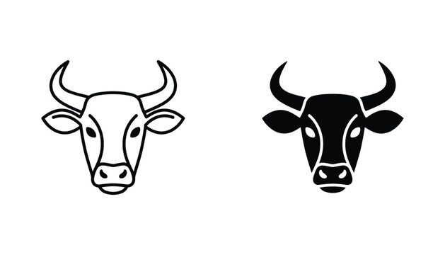 Bull head icon set featuring minimalist vector illustrations of cow and ox heads in both outline and solid black silhouette styles for livestock branding and farming graphic design