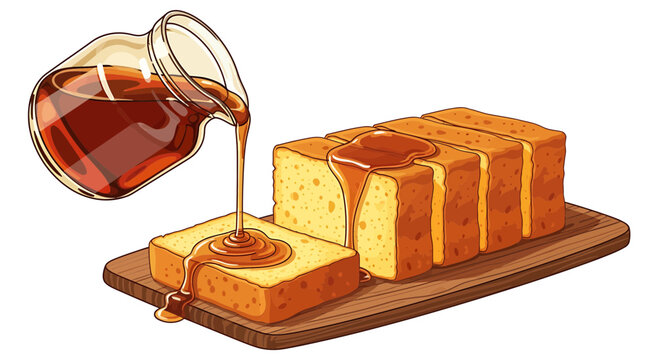 Golden maple syrup drizzling over fresh sliced sponge cake