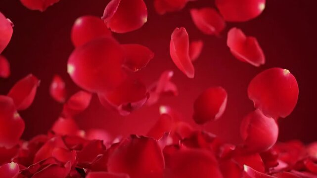 Romantic falling red rose petals on dark background