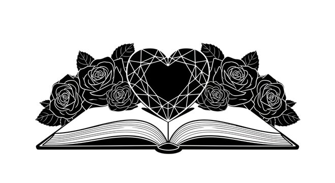 Open book with blooming roses and faceted heart gemstone silhouette
