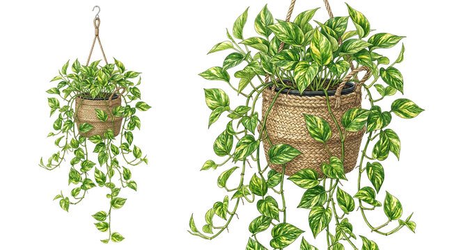 Detailed botanical illustration of a Golden Pathos in a hanging woven basket, realistic Epi premium aureus houseplant with variegated green and yellow leaves on a white background.