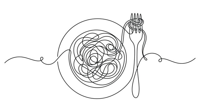 continuous line drawing A plate of spaghetti with fork.