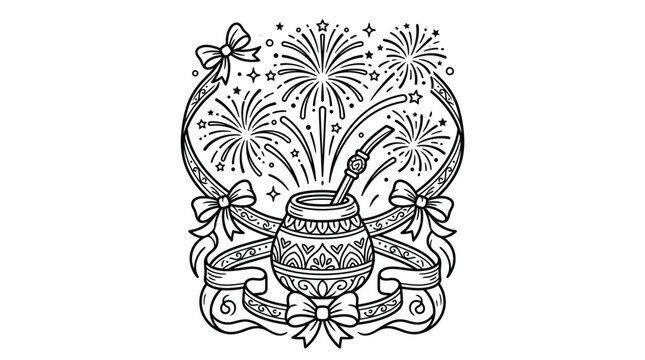 Yerba mate gourd with straw and festive fireworks illustration.