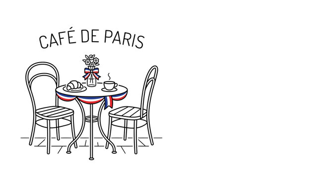 Hand drawn illustration of a classic Parisian street cafe table set.
