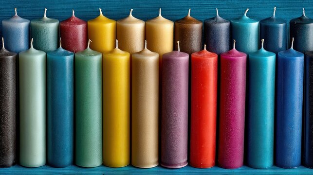 Colorful Candles Array on Blue Wooden Shelf