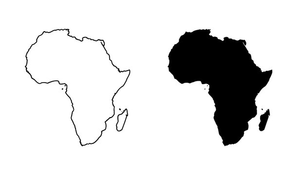 Africa continent outline black silhouette and white line drawing comparison