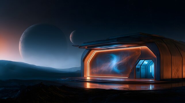 Futuristic observatory reveals swirling nebula over alien terrain a serene cosmic vista